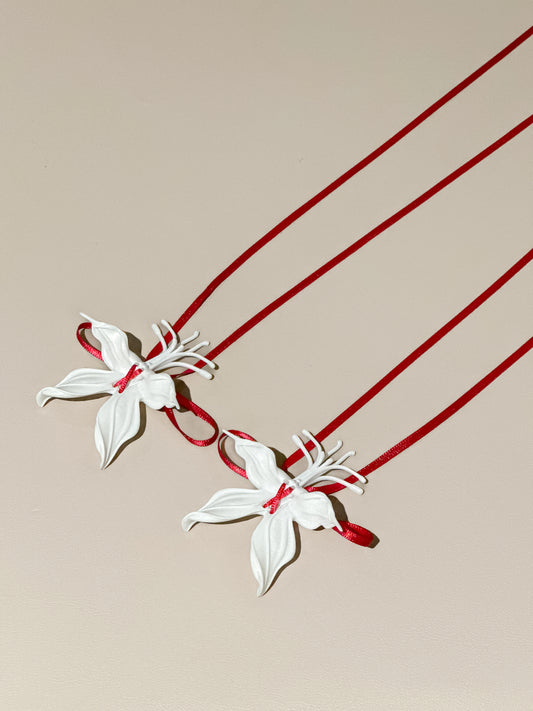 White Orchid Whispers Earrings Ribbon  - Red