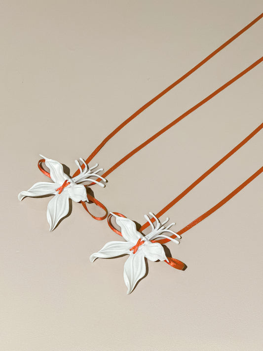 White Orchid Whispers Earrings Ribbon  - Orange