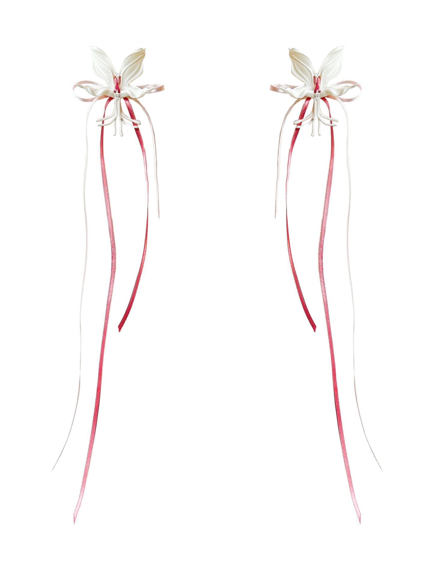 White Orchid Double Ribbon Earrings -Pink