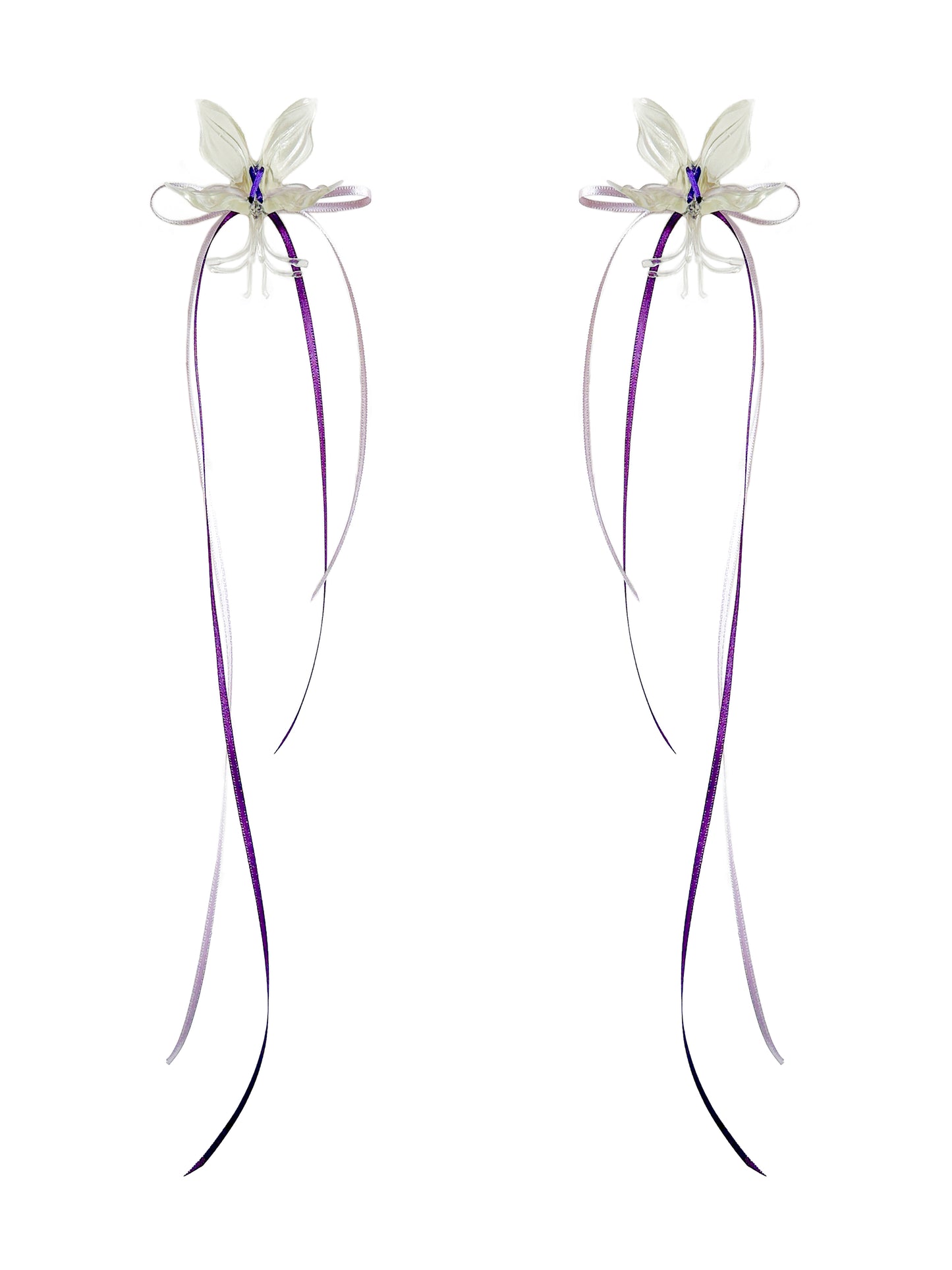 White Orchid Double Ribbon Earrings -Purple