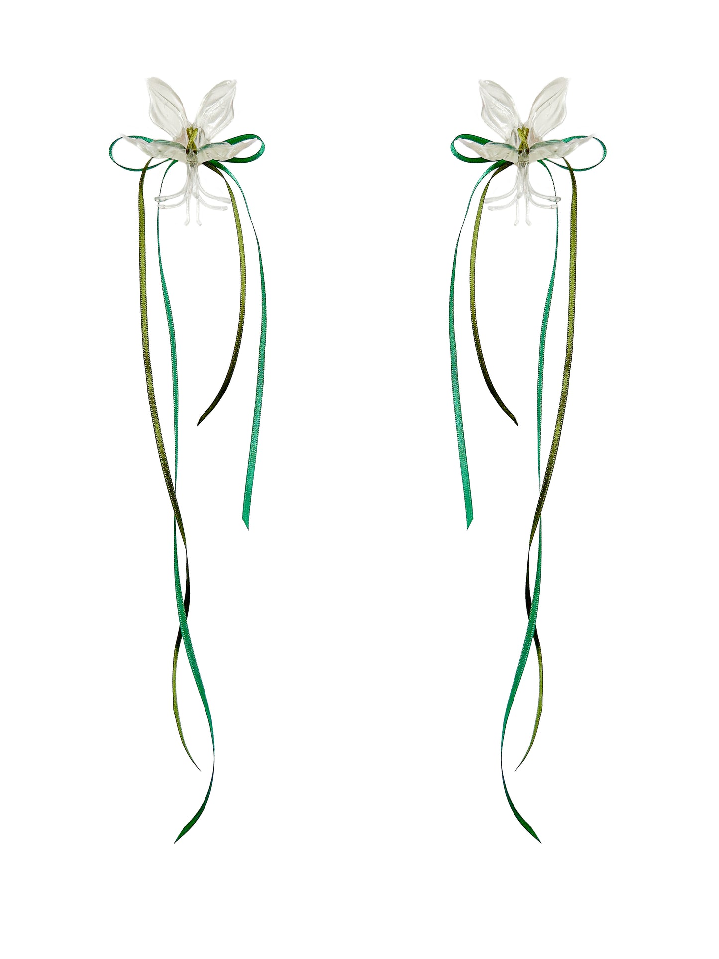 White Orchid Double Ribbon Earrings -Green