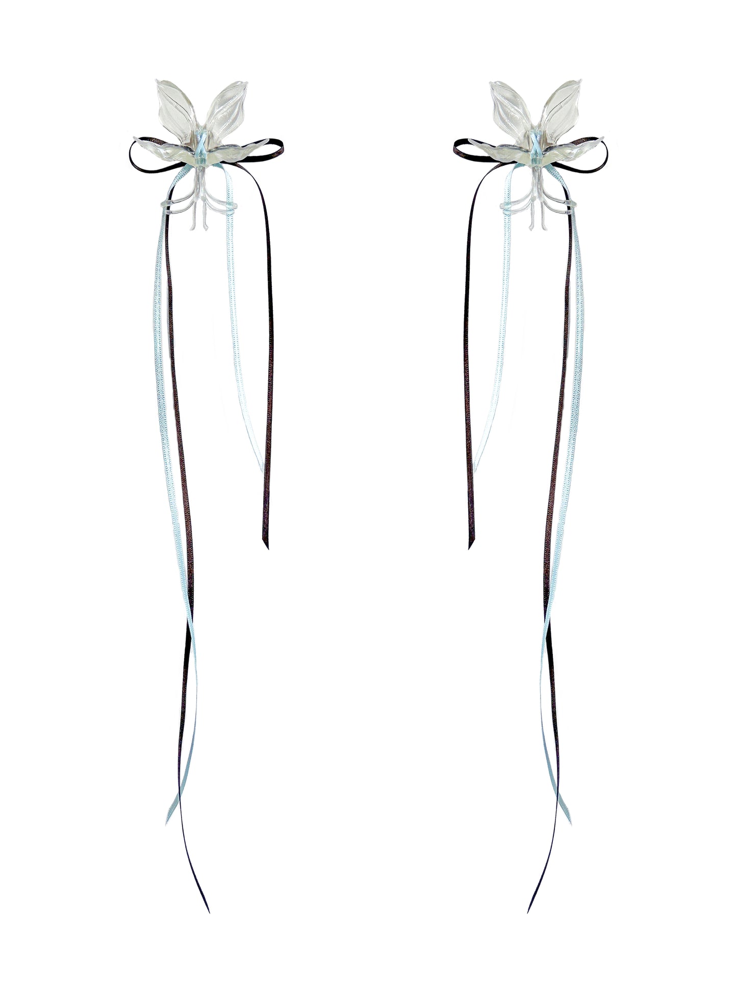 White Orchid Double Ribbon Earrings - Blue & Brown