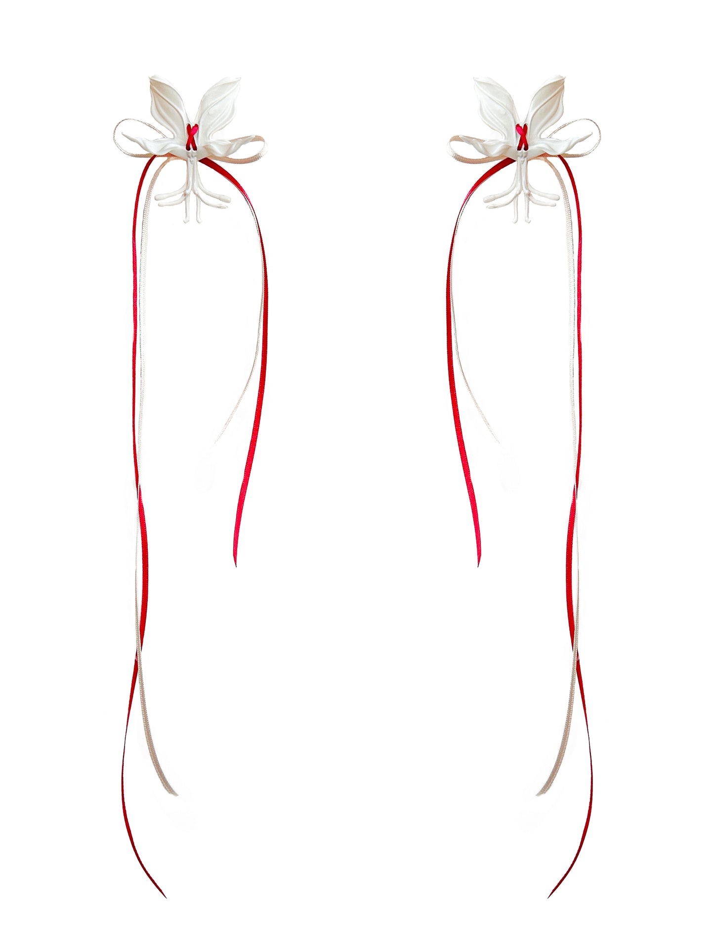 White Orchid Double Ribbon Earrings -Red