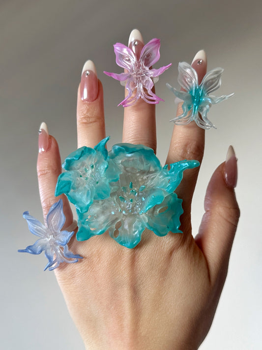 Daffodil Duo Flower Ring - Neon Blue