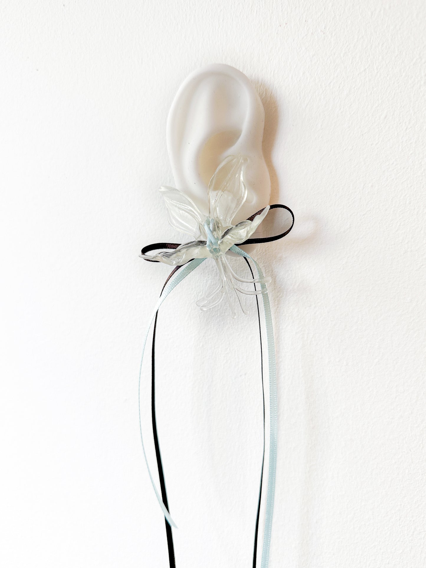 White Orchid Double Ribbon Earrings - Blue & Brown