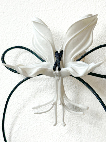 White Orchid  Ribbon Earrings - Black