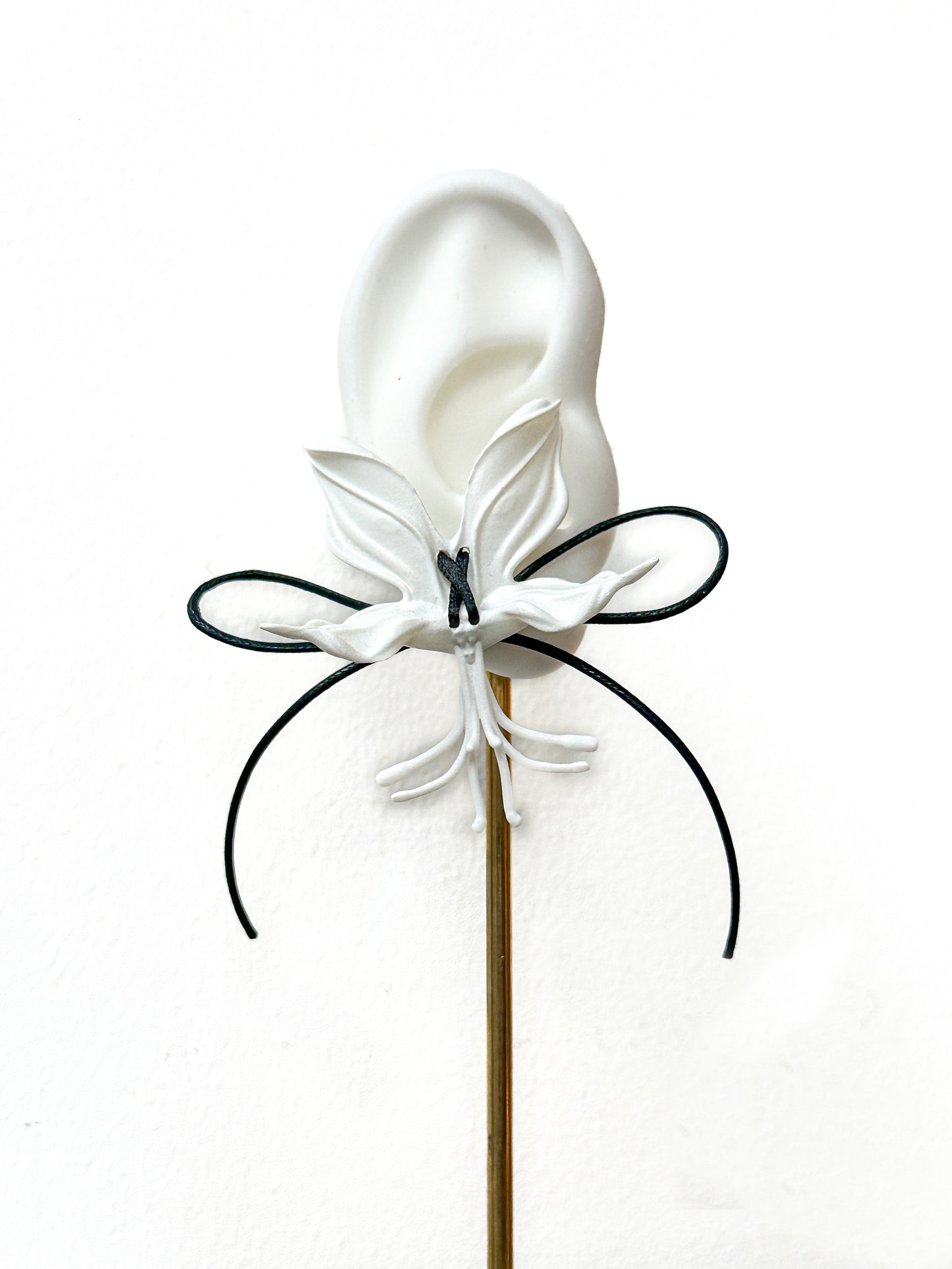 White Orchid  Ribbon Earrings - Black