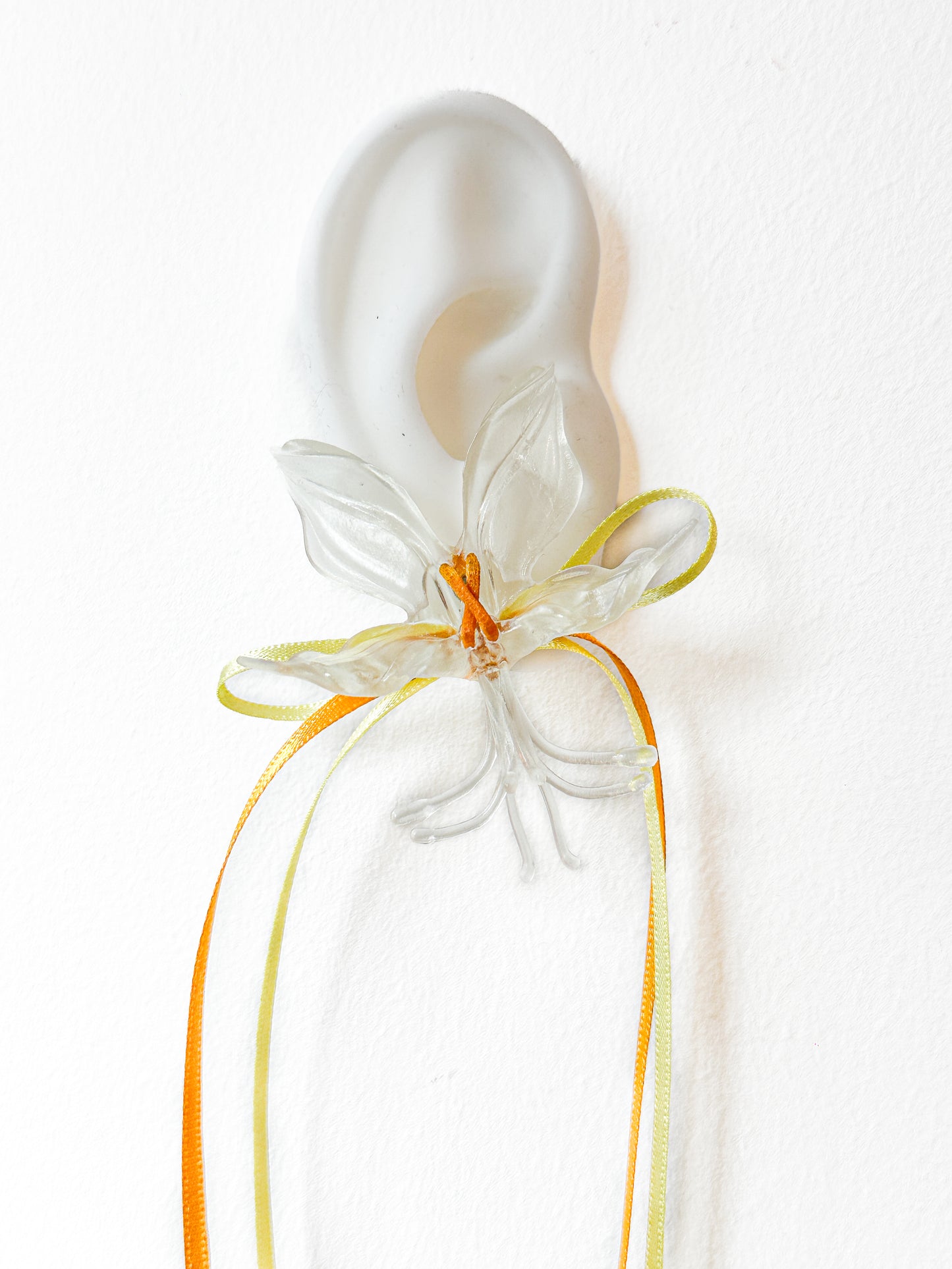 White Orchid Double Ribbon Earrings -Yellow
