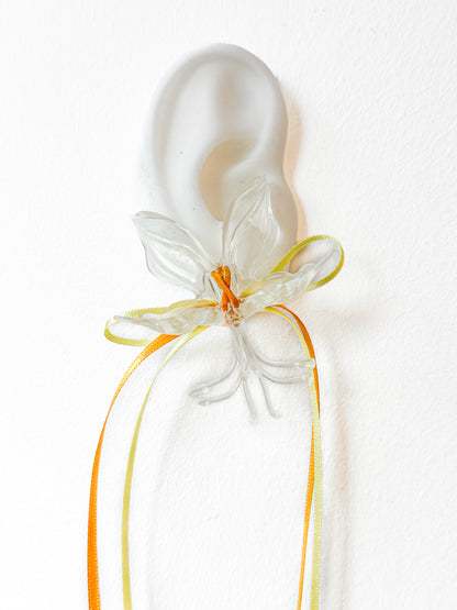White Orchid Double Ribbon Earrings -Yellow