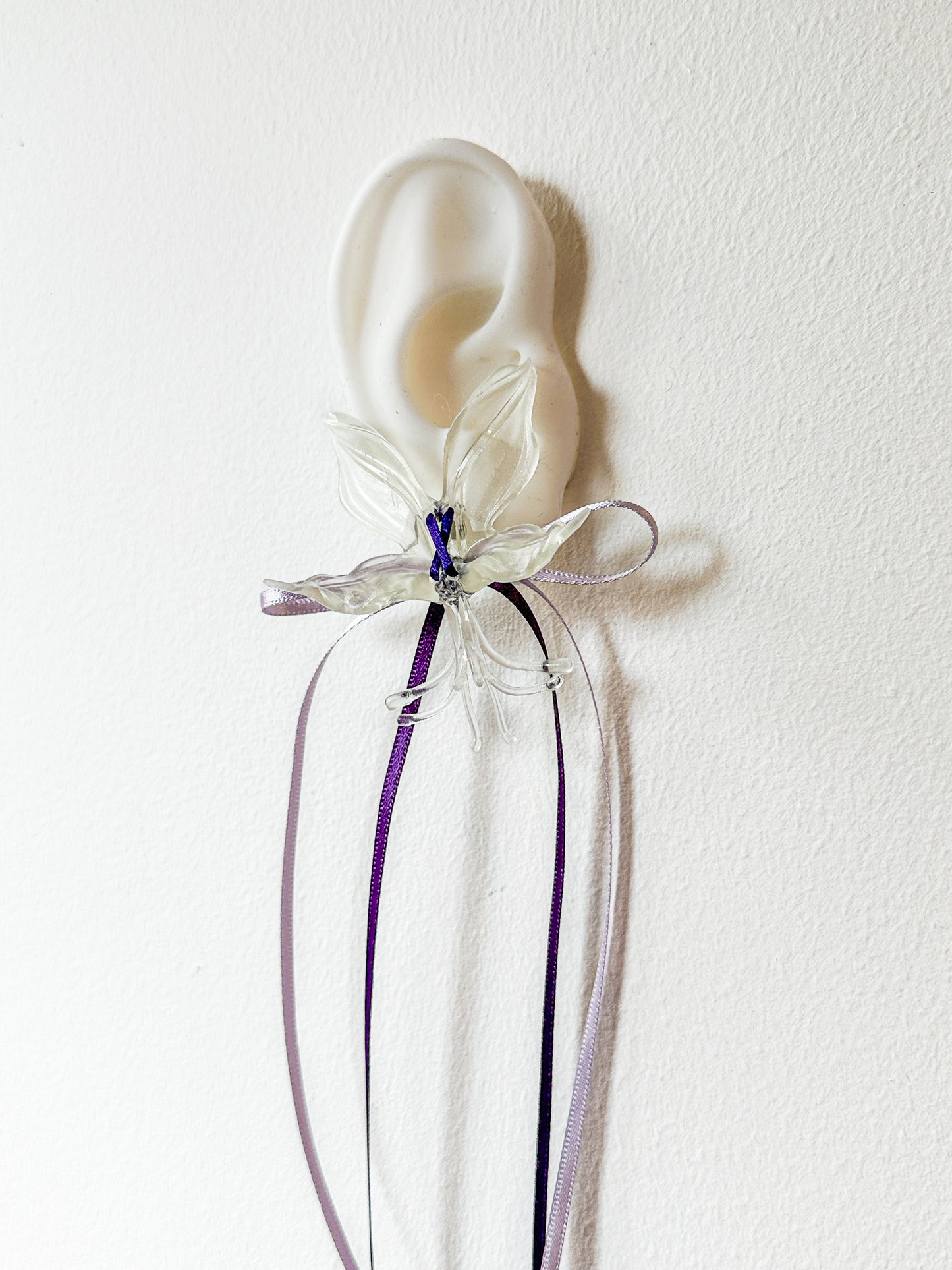 White Orchid Double Ribbon Earrings -Purple