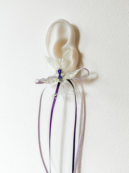White Orchid Double Ribbon Earrings -Purple
