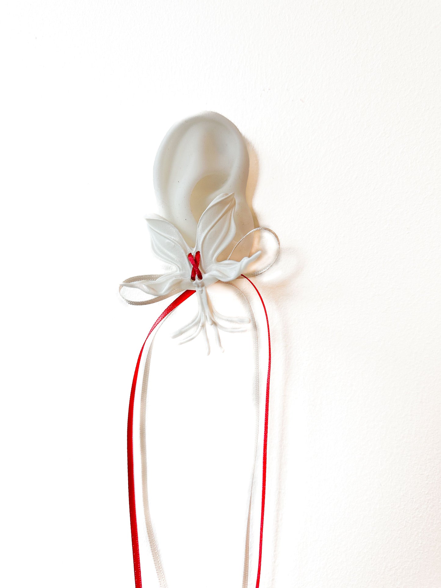 White Orchid Double Ribbon Earrings -Red