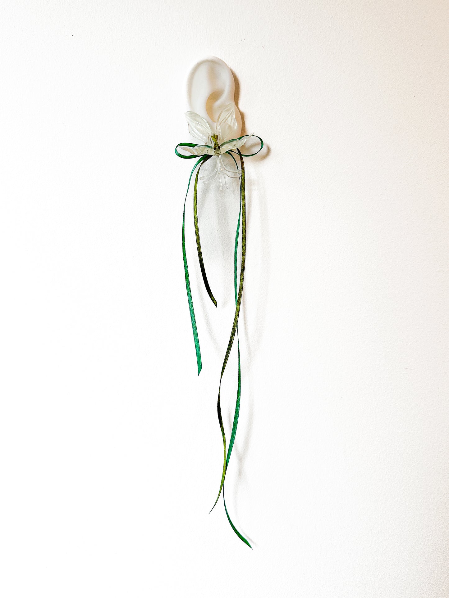 White Orchid Double Ribbon Earrings -Green