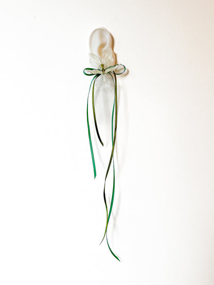White Orchid Double Ribbon Earrings -Green