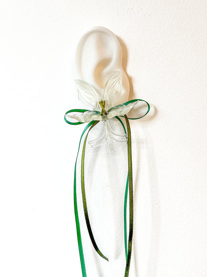 White Orchid Double Ribbon Earrings -Green