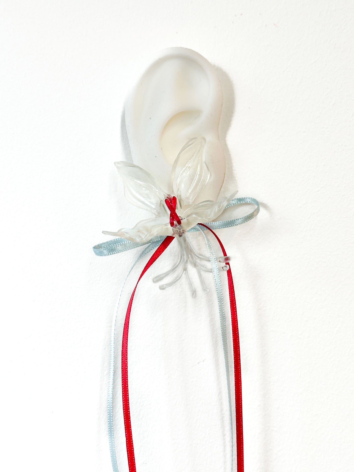 Clear Orchid Double Ribbon Earrings -Blue & Red