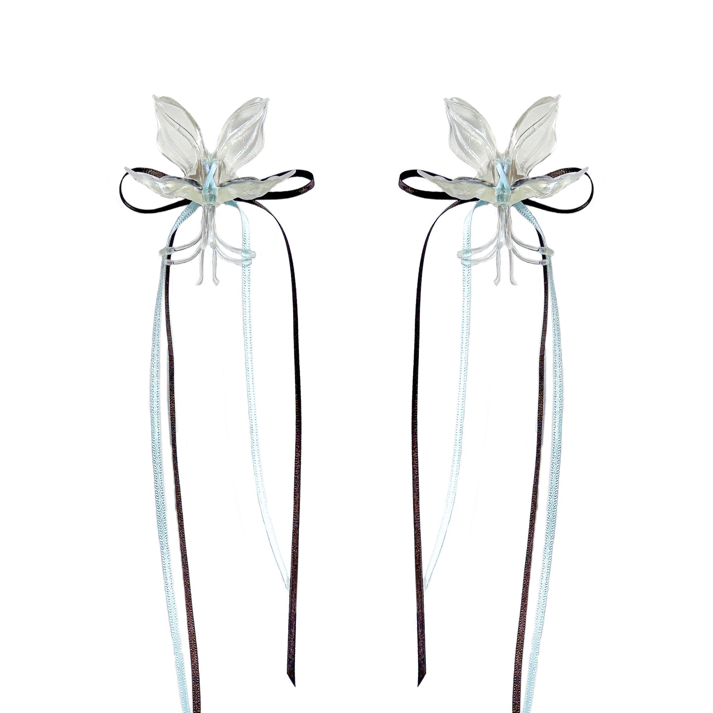 White Orchid Double Ribbon Earrings - Blue & Brown