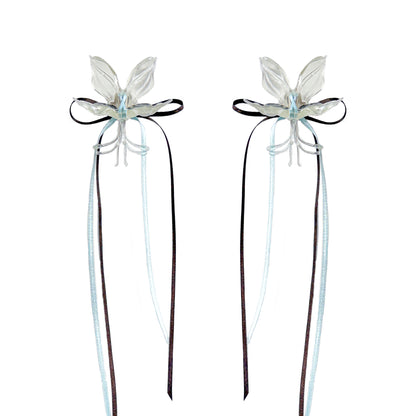 White Orchid Double Ribbon Earrings - Blue & Brown