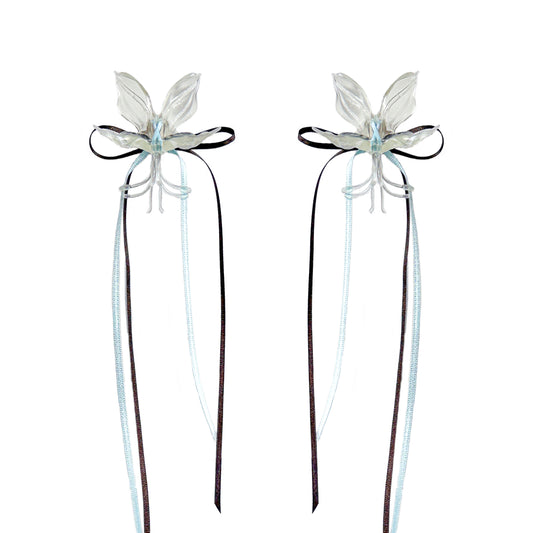 White Orchid Double Ribbon Earrings - Blue & Brown