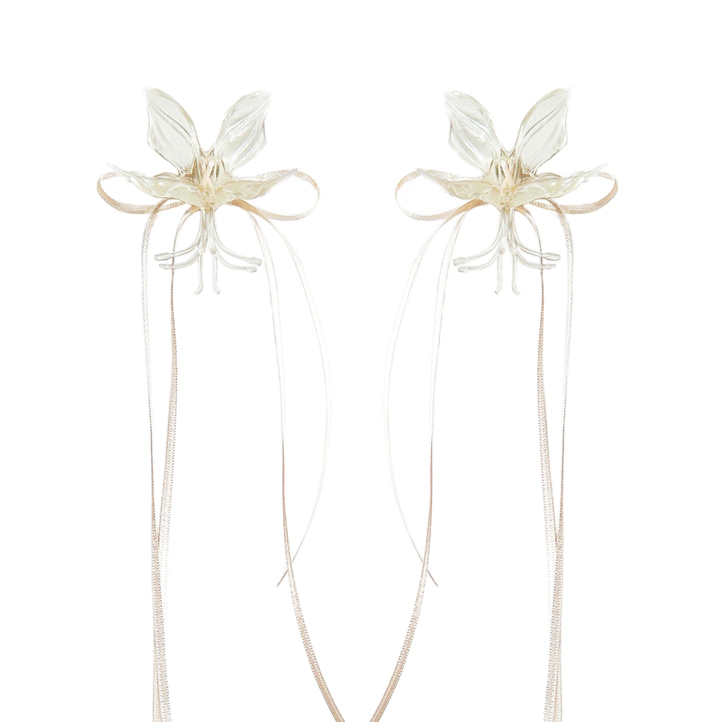 White Orchid Double Ribbon Earrings -Cream