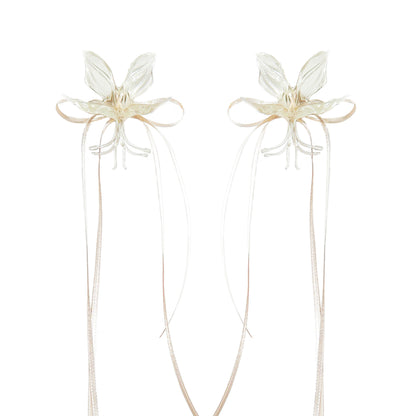 White Orchid Double Ribbon Earrings -Cream
