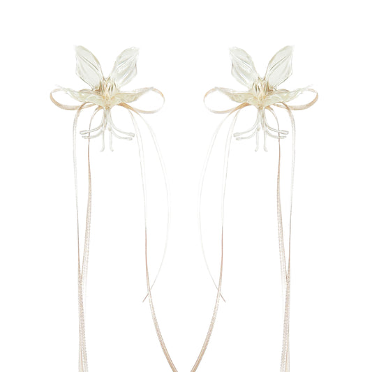 White Orchid Double Ribbon Earrings -Cream