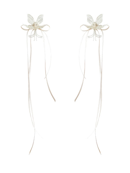 White Orchid Double Ribbon Earrings -Cream