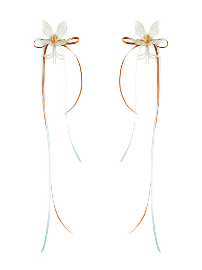 White Orchid Double Ribbon Earrings -Blue& Orange