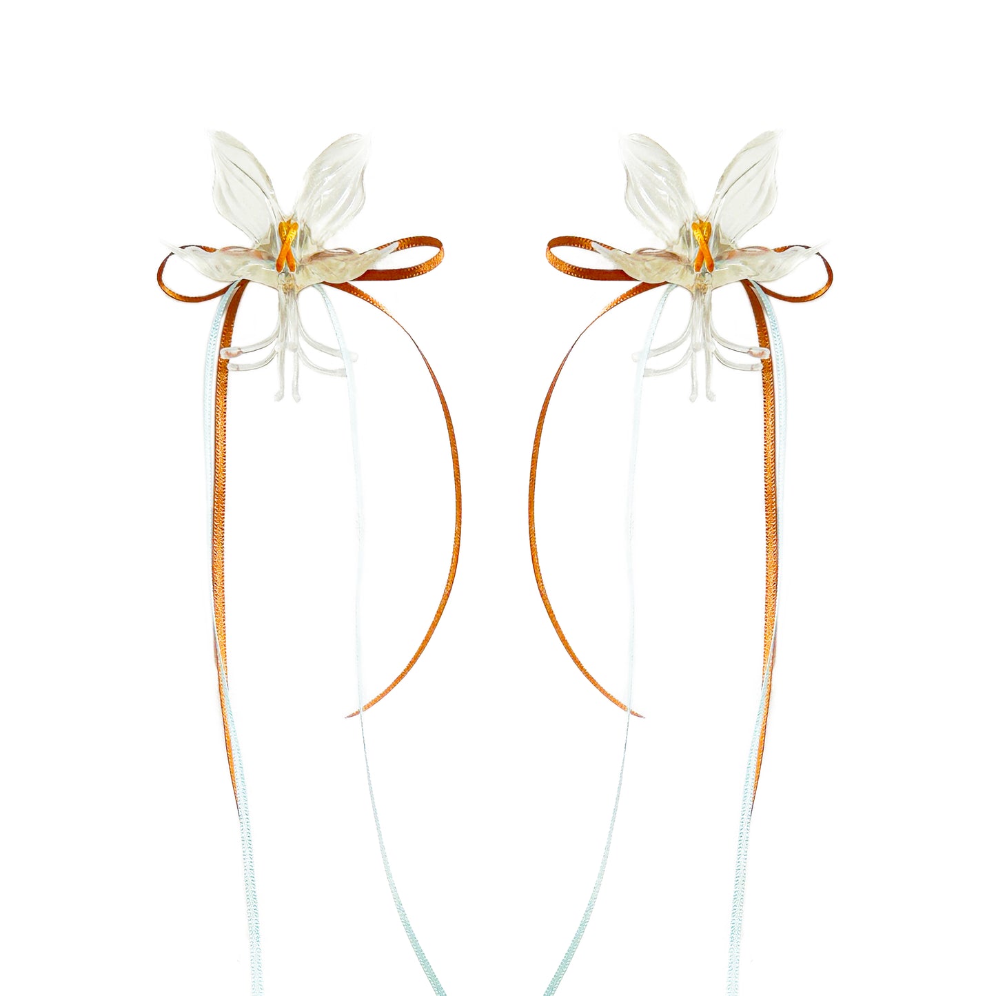 White Orchid Double Ribbon Earrings -Blue& Orange