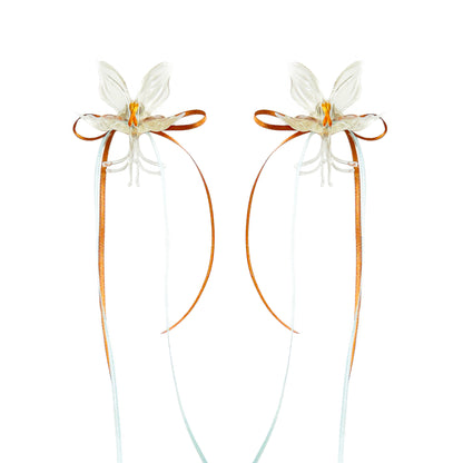 White Orchid Double Ribbon Earrings -Blue& Orange