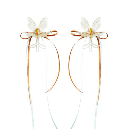 White Orchid Double Ribbon Earrings -Blue& Orange