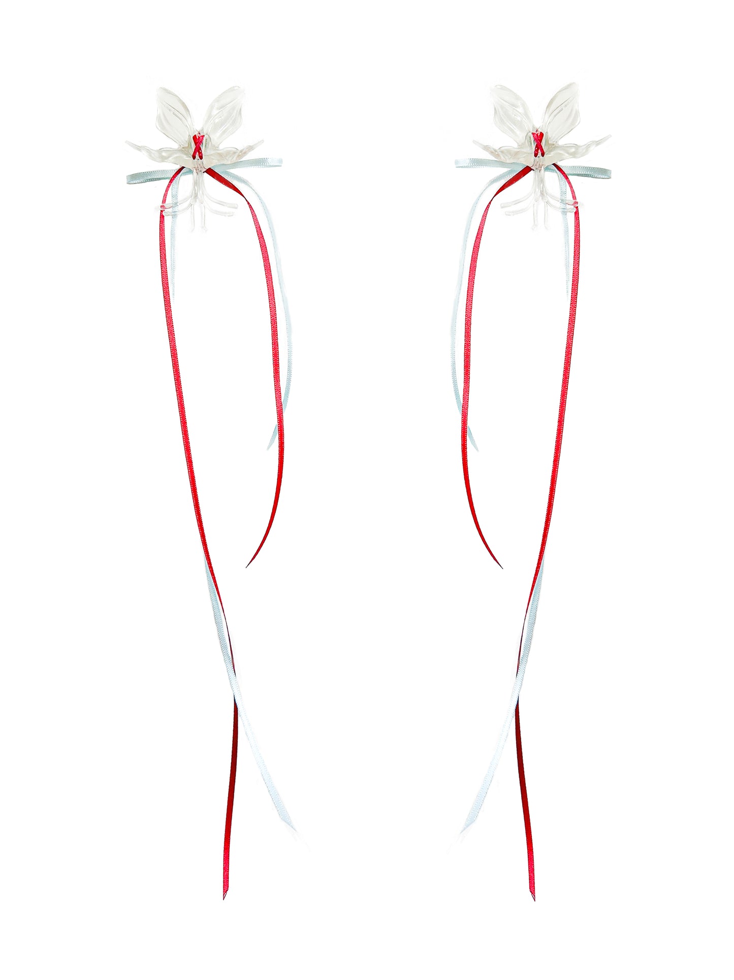 Clear Orchid Double Ribbon Earrings -Blue & Red
