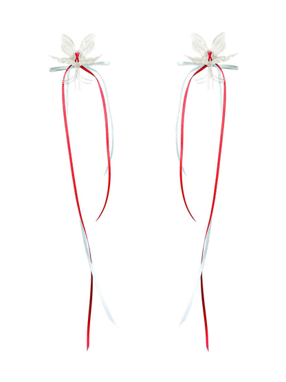 Clear Orchid Double Ribbon Earrings -Blue & Red