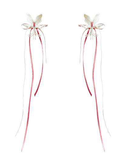 White Orchid Double Ribbon Earrings -Pink