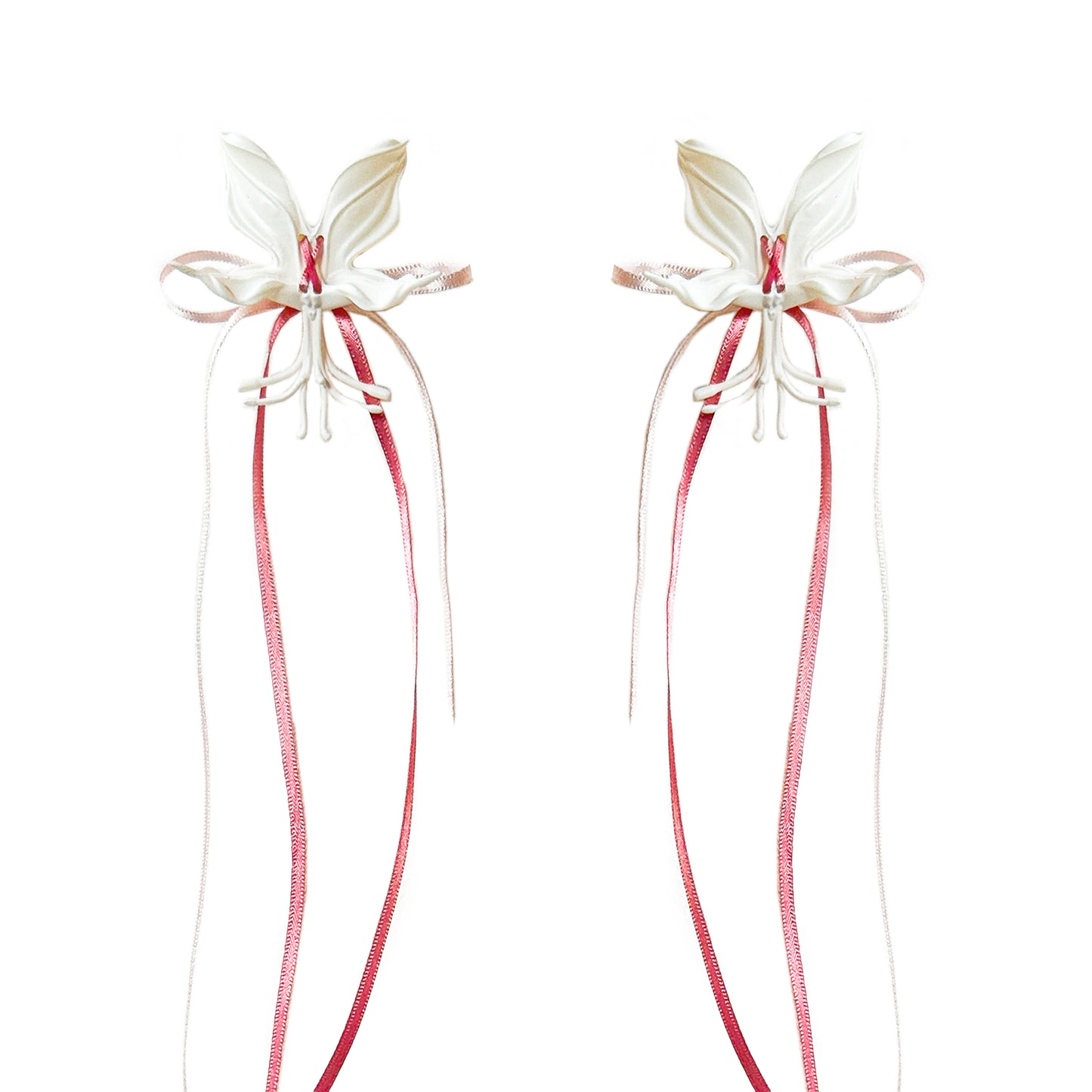 White Orchid Double Ribbon Earrings -Pink