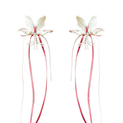 White Orchid Double Ribbon Earrings -Pink