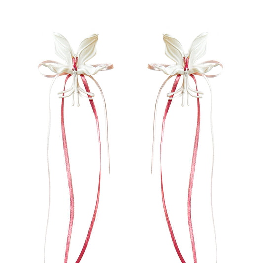White Orchid Double Ribbon Earrings -Pink