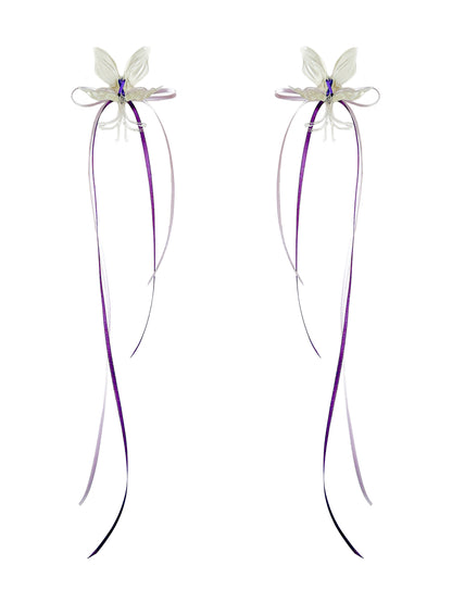 White Orchid Double Ribbon Earrings -Purple