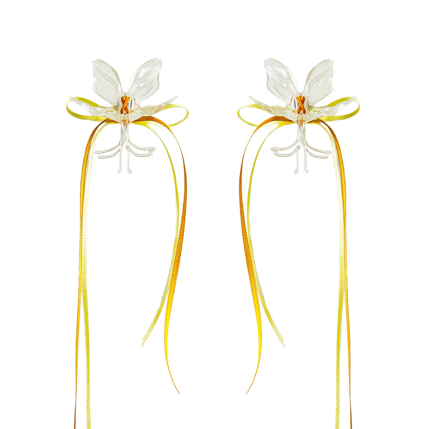 White Orchid Double Ribbon Earrings -Yellow
