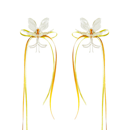 White Orchid Double Ribbon Earrings -Yellow