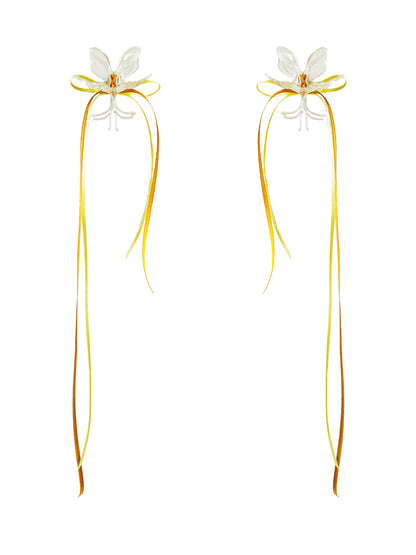 White Orchid Double Ribbon Earrings -Yellow