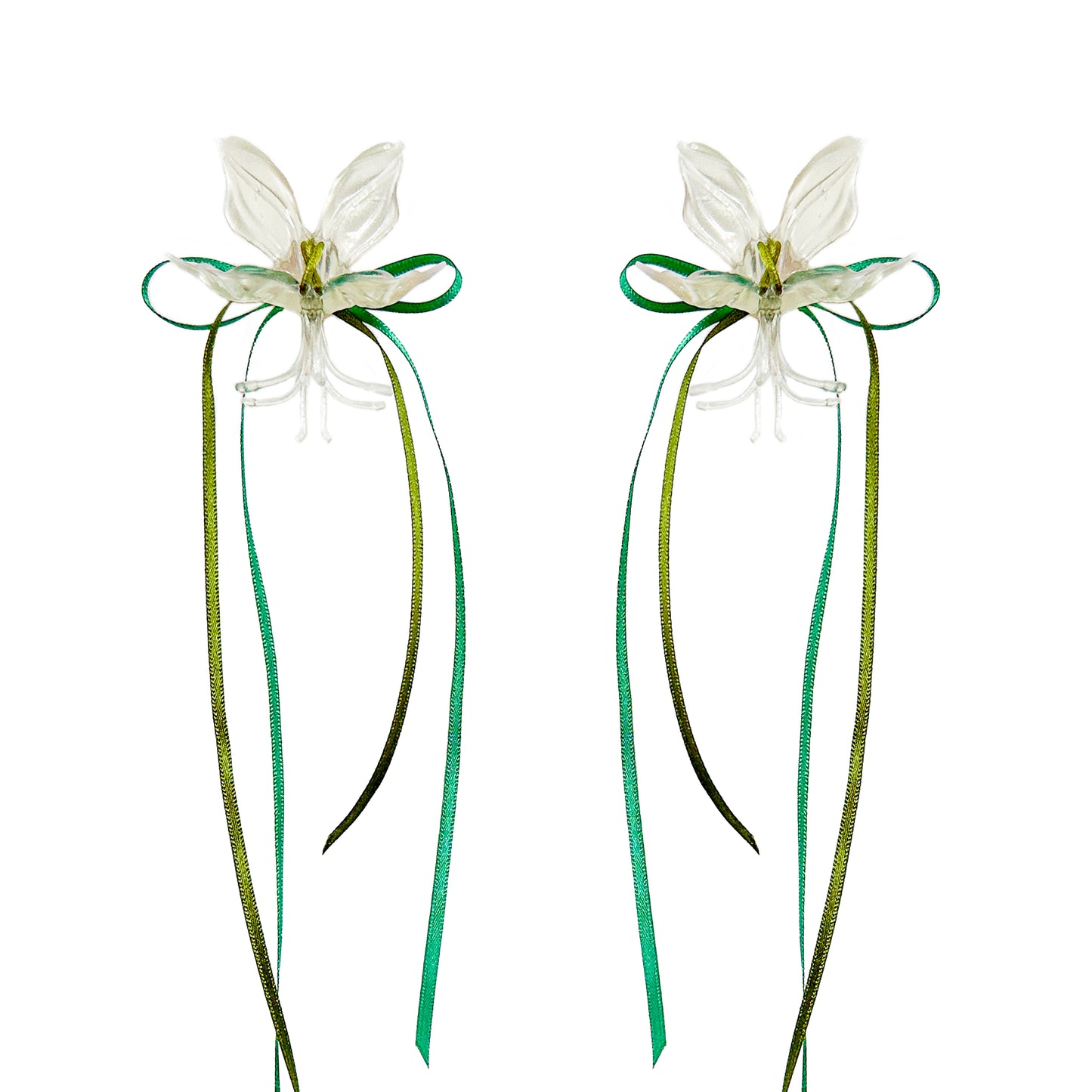 White Orchid Double Ribbon Earrings -Green