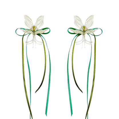 White Orchid Double Ribbon Earrings -Green