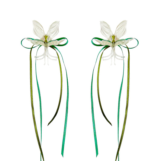 White Orchid Double Ribbon Earrings -Green