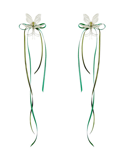 White Orchid Double Ribbon Earrings -Green