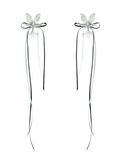 White Orchid Double Ribbon Earrings - Blue & Brown