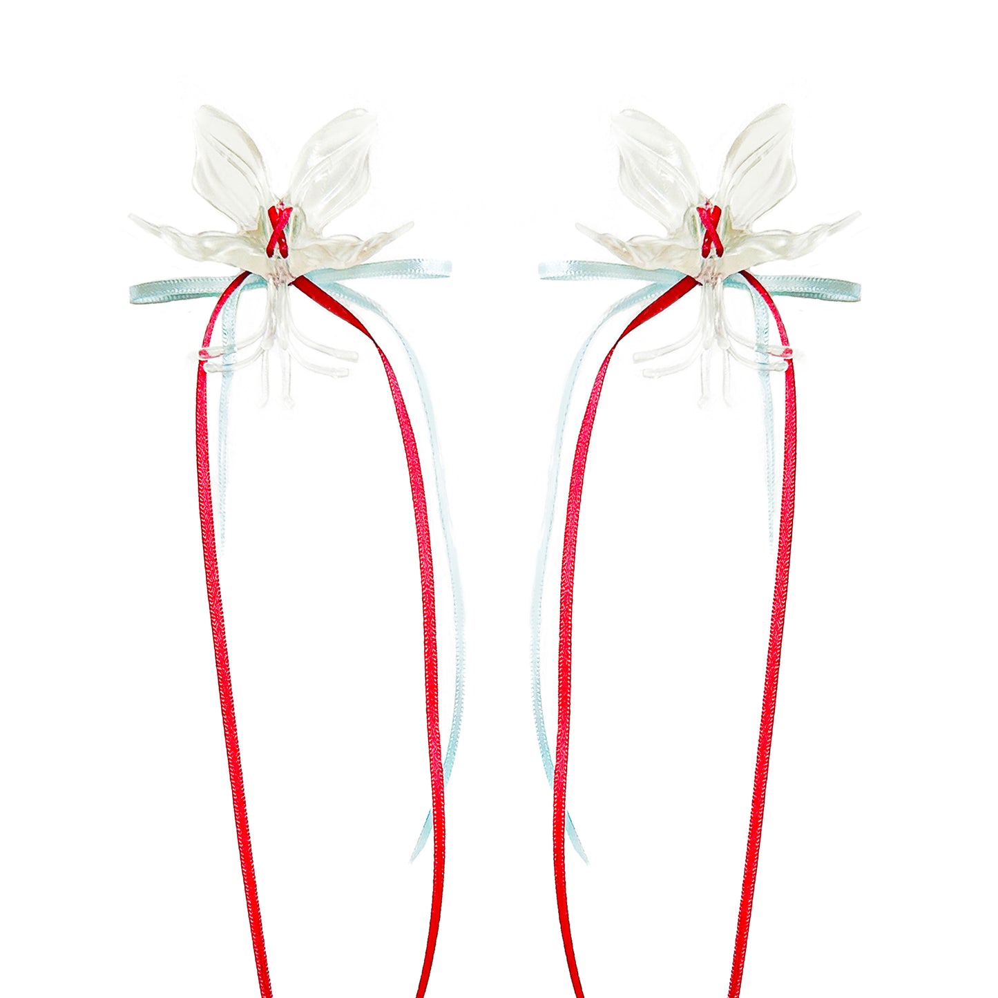 Clear Orchid Double Ribbon Earrings -Blue & Red