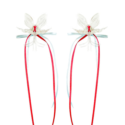 Clear Orchid Double Ribbon Earrings -Blue & Red