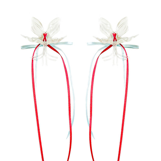 Clear Orchid Double Ribbon Earrings -Blue & Red