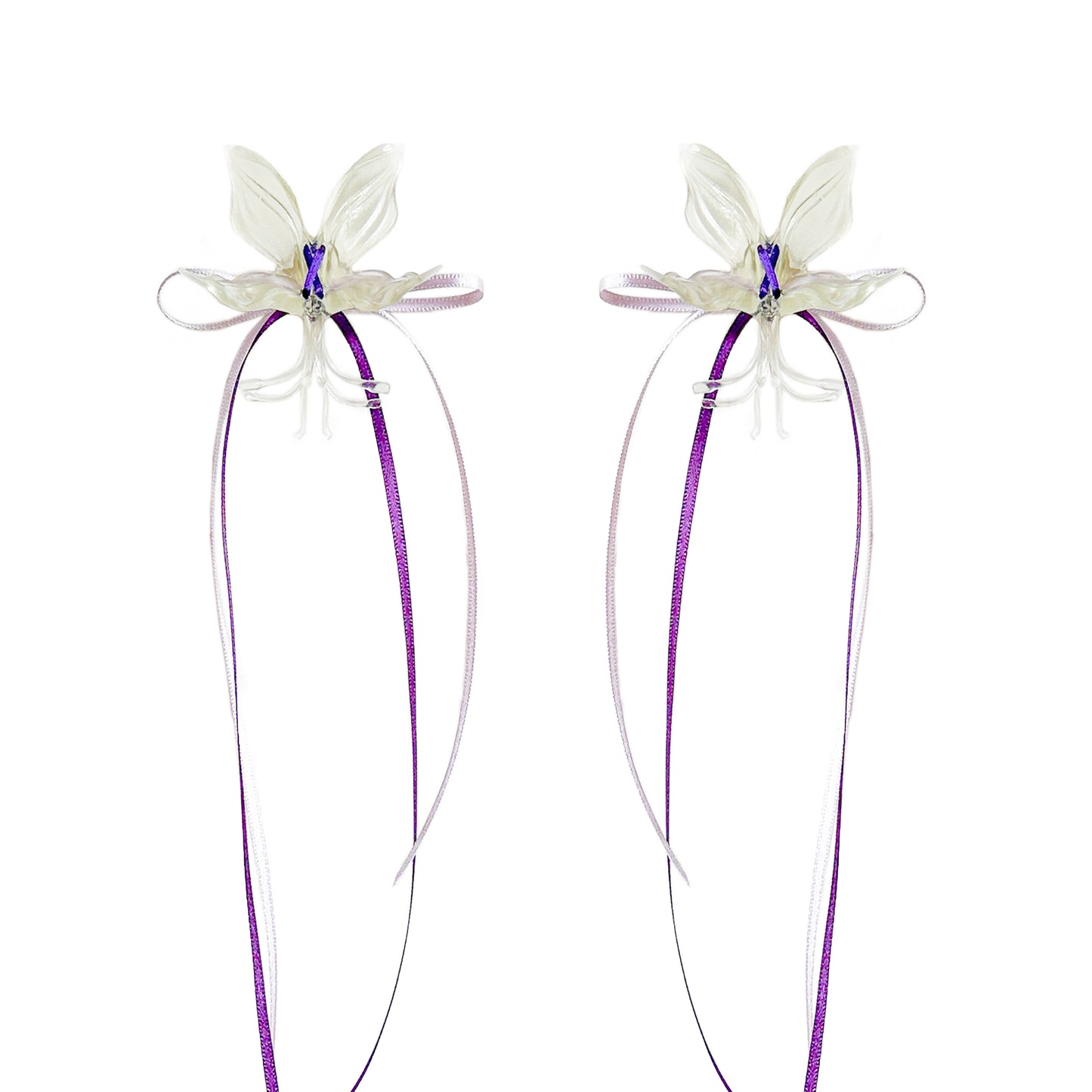 White Orchid Double Ribbon Earrings -Purple